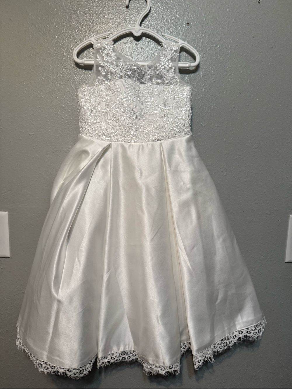JJs House White Lace Bodice Satin Skirt Flower Girl Dress
